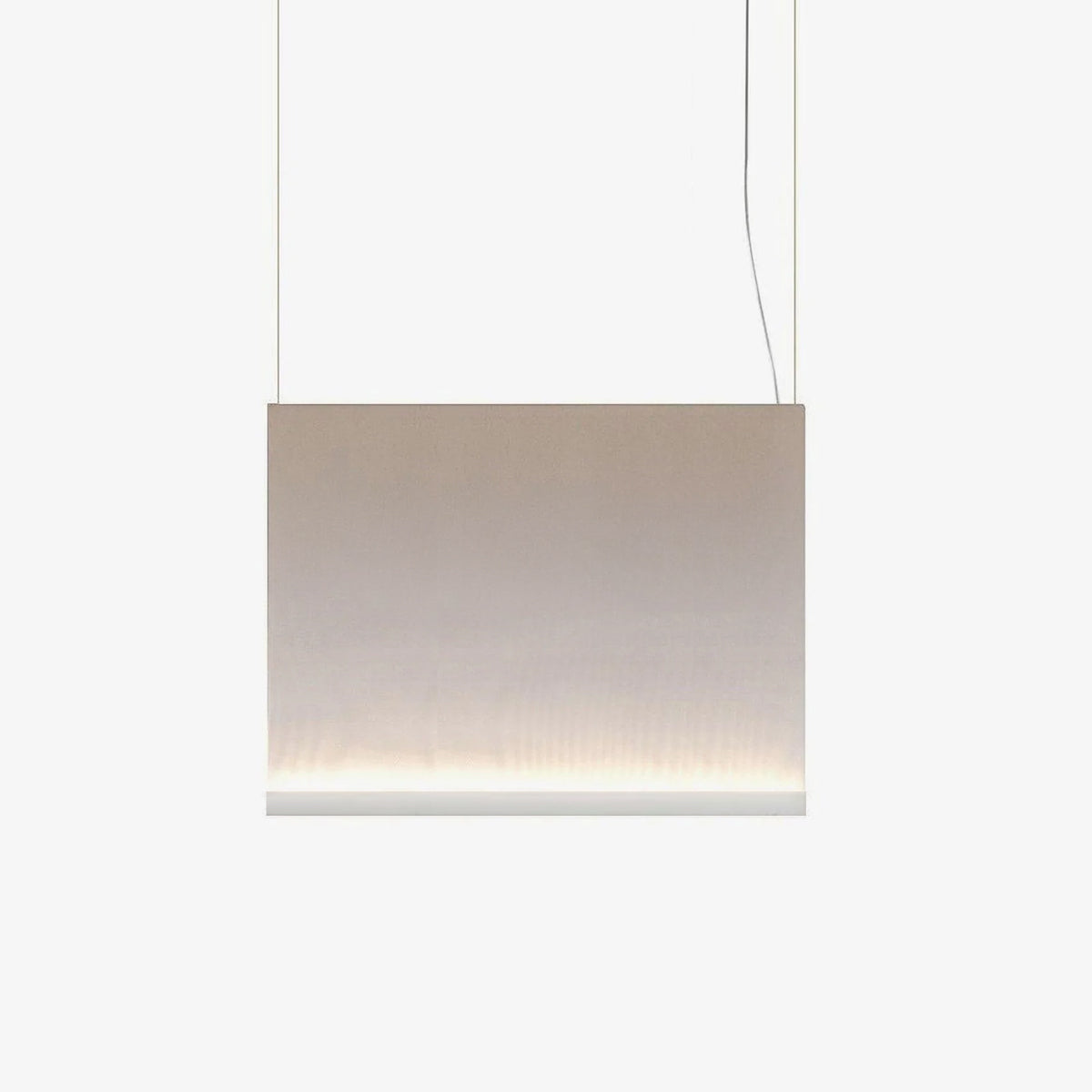 Compact Clérachic fabric pendant with a white bottom bar, hung on two wires, with a soft glow along the lower edge.