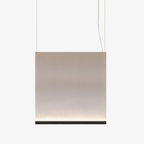 Square Clérachic fabric pendant with a black bottom bar, hung on two wires, the taupe fabric brightening towards the base.