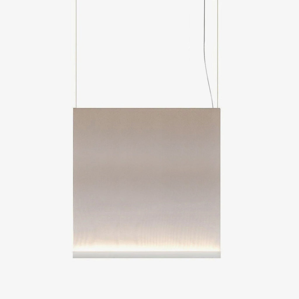 Square Clérachic fabric pendant with a white bottom bar, hung on two wires, the taupe fabric brightening towards the base.