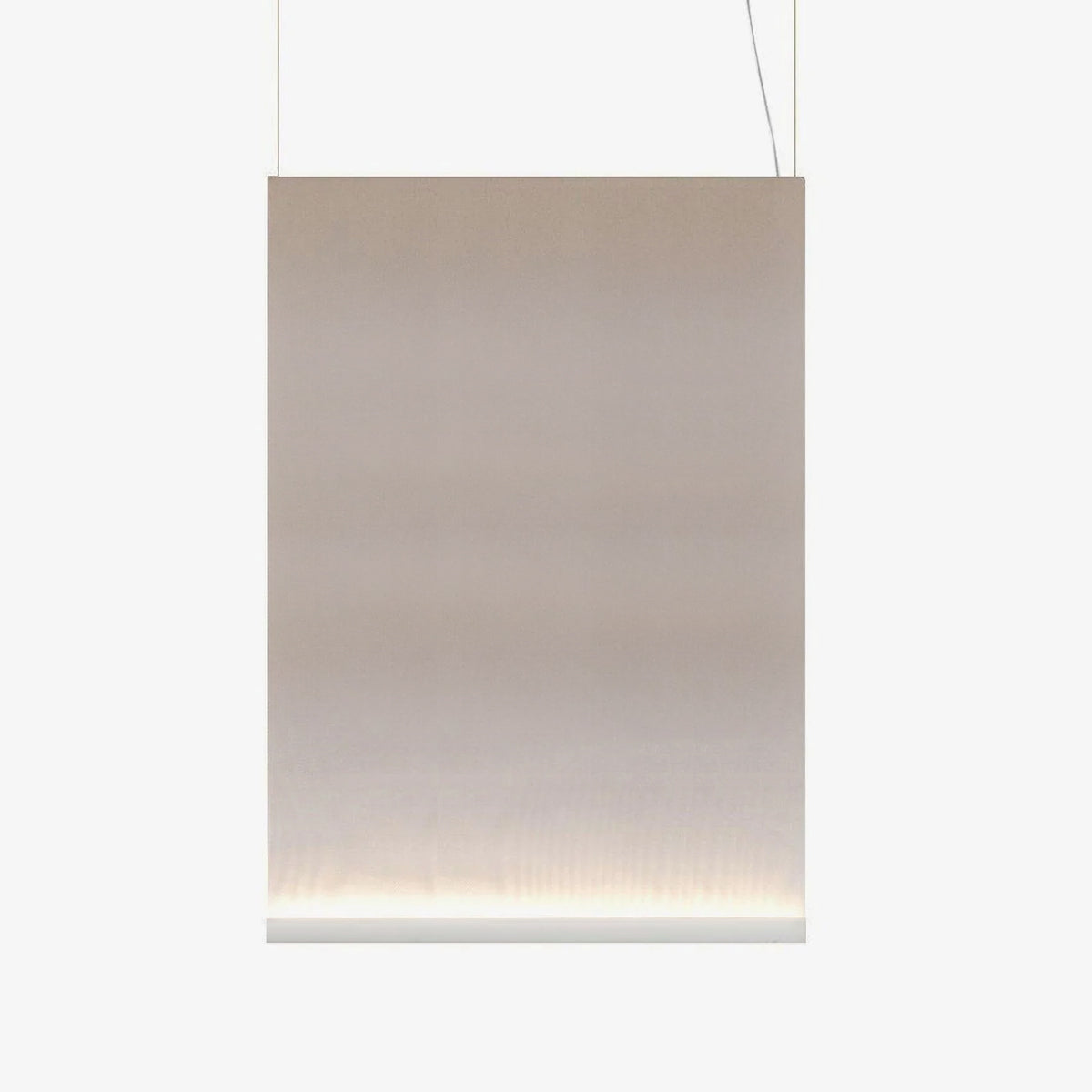 Large tall Clérachic fabric pendant with a white bottom bar and two thin wires, the taupe fabric fading to a pale lit base.
