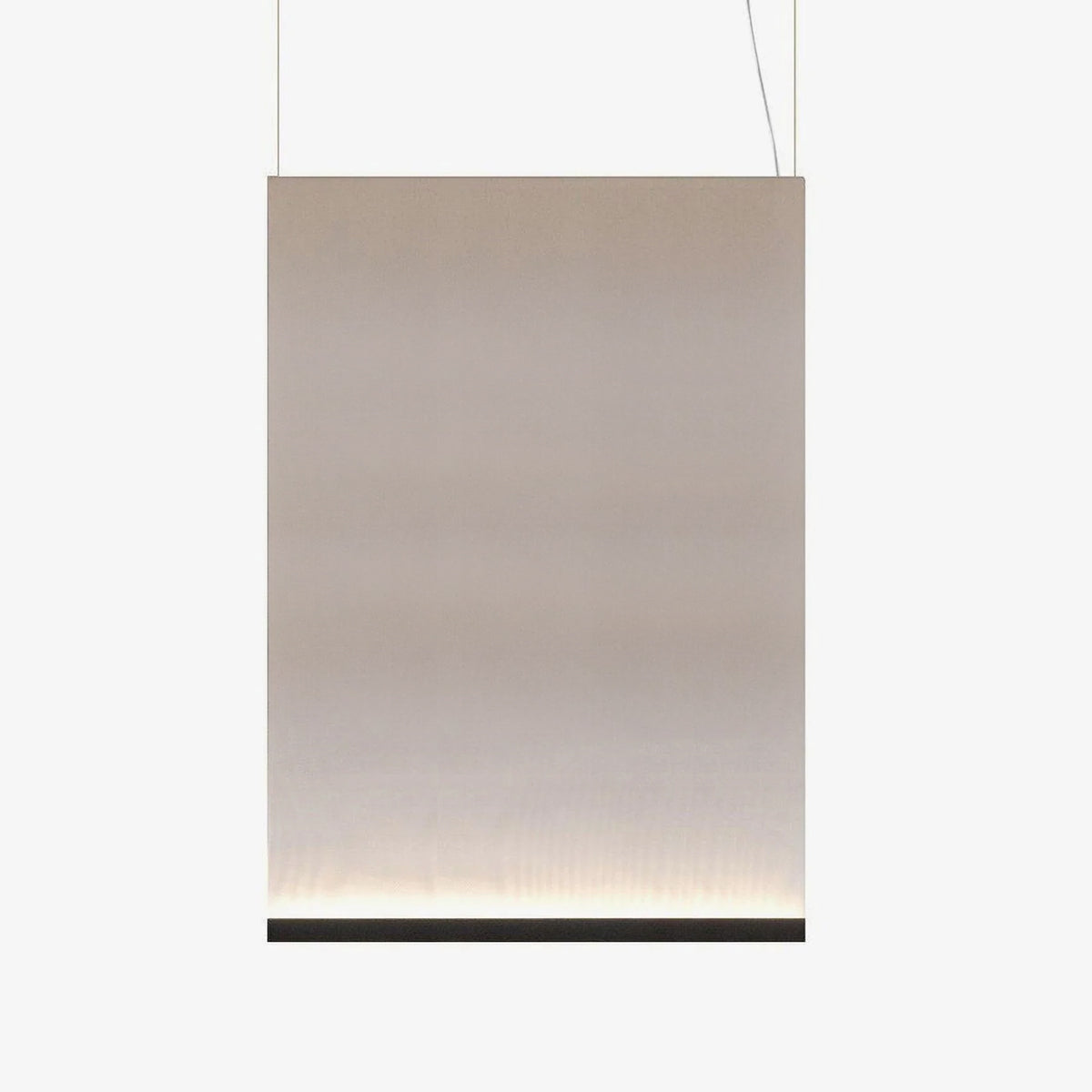 Large tall Clérachic fabric pendant with a black bottom bar and two thin wires, the taupe fabric fading to a pale lit base.