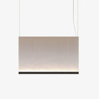Wide, low Clérachic fabric pendant with a black bottom bar, hung on two wires, glowing softly along its lower edge.