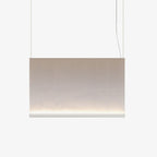 Wide, low Clérachic fabric pendant with a white bottom bar, hung on two wires, glowing softly along its lower edge.