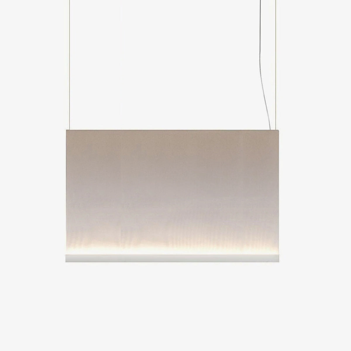 Wide, low Clérachic fabric pendant with a white bottom bar, hung on two wires, glowing softly along its lower edge.