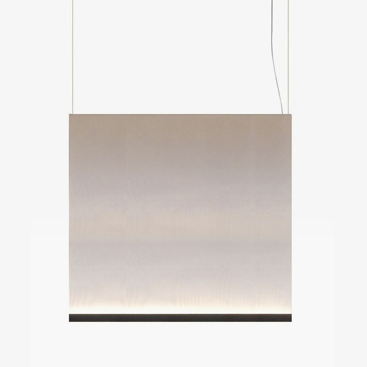 Broad Clérachic fabric pendant with a black bottom bar, hung on two wires, the taupe fabric fading to a lit base.