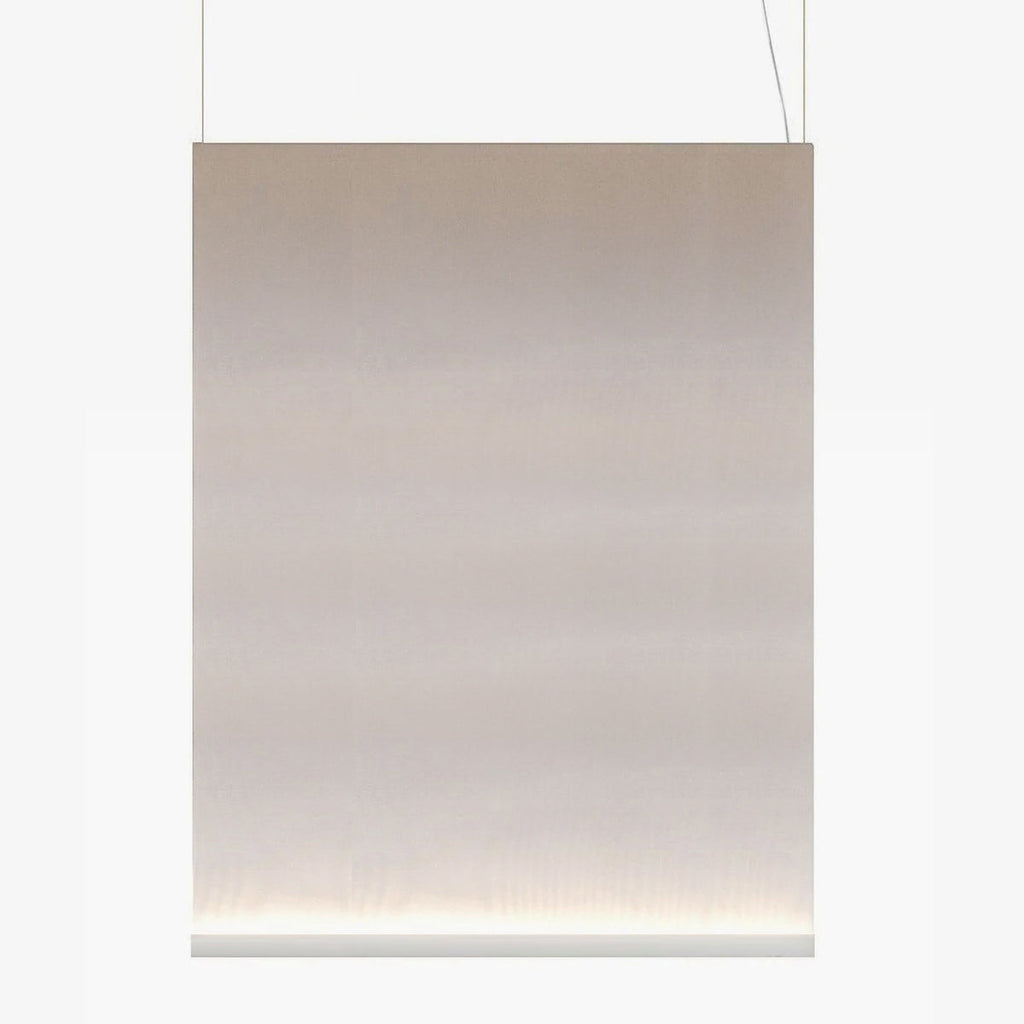 Large portrait Clérachic fabric pendant with a white bottom bar, on two thin wires, with the taupe fabric glowing at the base.