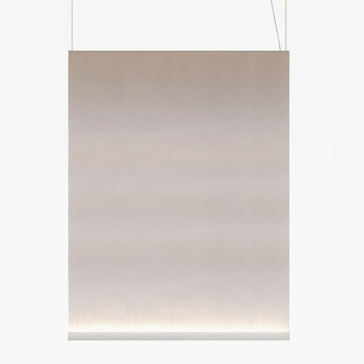 Large portrait Clérachic fabric pendant with a white bottom bar, on two thin wires, with the taupe fabric glowing at the base.