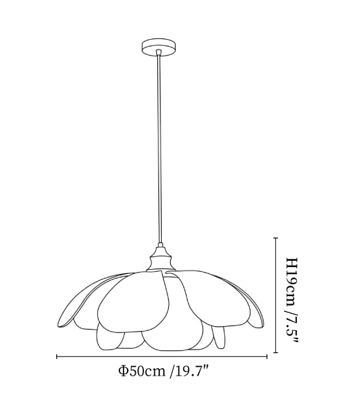 Clérachic pendant light dimension drawing, 2 of 6, every measurement marked in centimetres and inches.