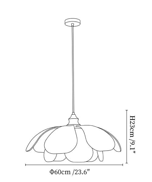 Clérachic pendant light dimension drawing, 3 of 6, every measurement marked in centimetres and inches.
