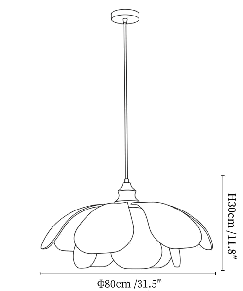 Clérachic pendant light dimension drawing, 4 of 6, every measurement marked in centimetres and inches.