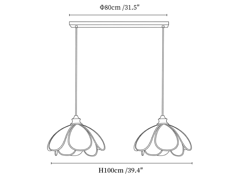 Clérachic pendant light dimension drawing, 5 of 6, every measurement marked in centimetres and inches.