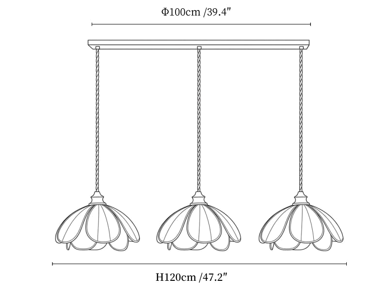 Clérachic pendant light dimension drawing, 6 of 6, every measurement marked in centimetres and inches.
