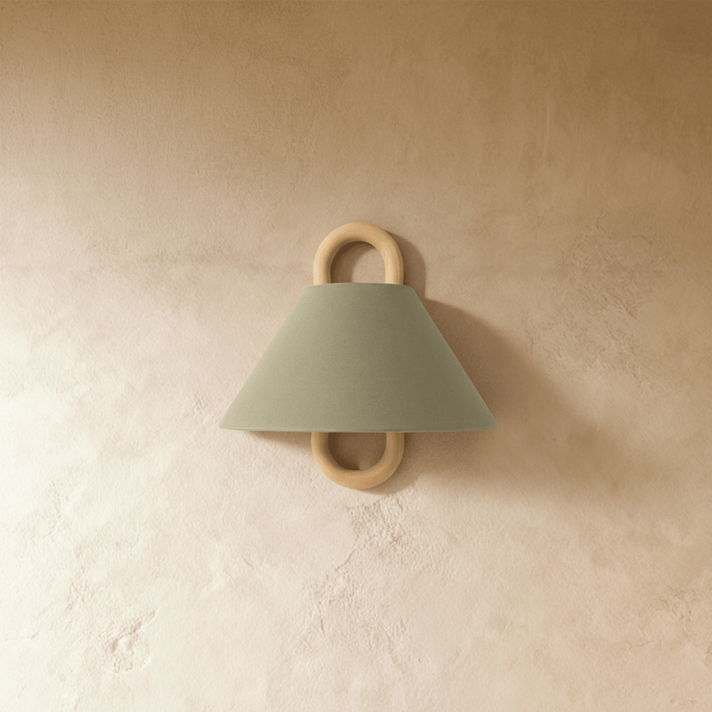Clérachic wall sconce in sage green fabric with a wood ring bracket, shown unlit against a warm plaster wall.