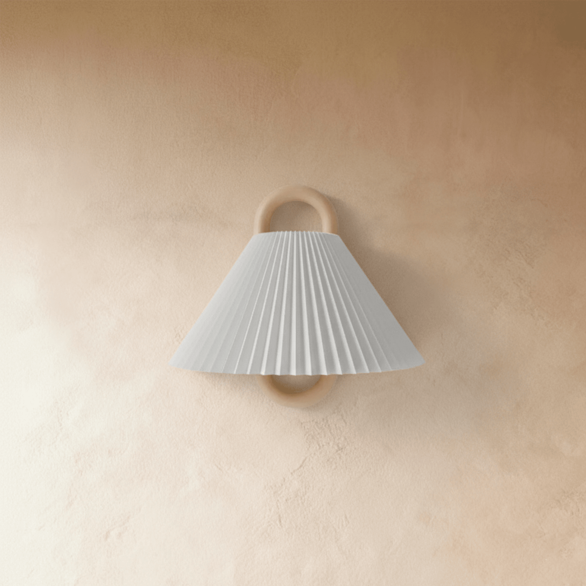 Clérachic wall sconce with a crisp white pleated fabric shade on a wood ring bracket, unlit against a plaster wall.