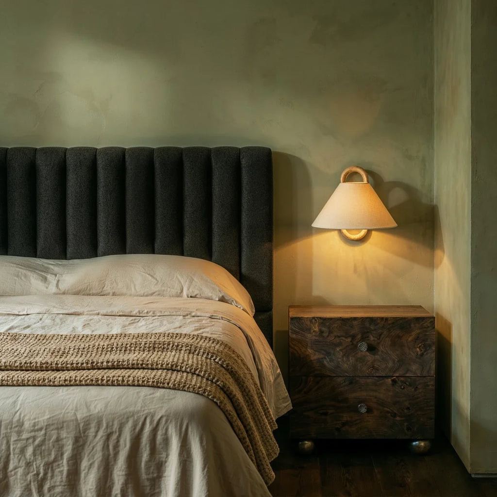 A Clérachic wall light glows above a dark wood nightstand in a muted green bedroom, its cone shade softly lit.