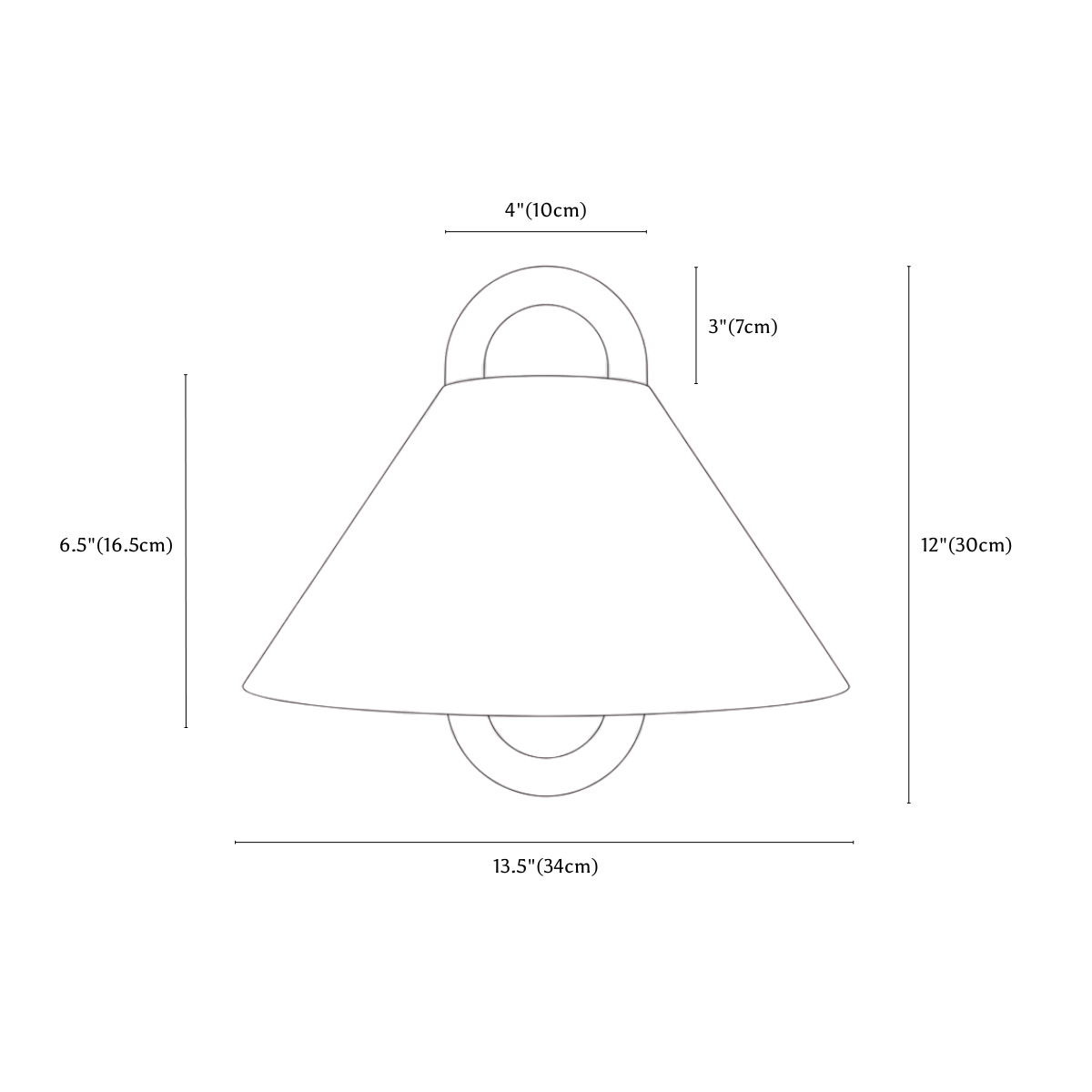 Clérachic wall light dimension drawing, Plain, every measurement marked in centimetres and inches.