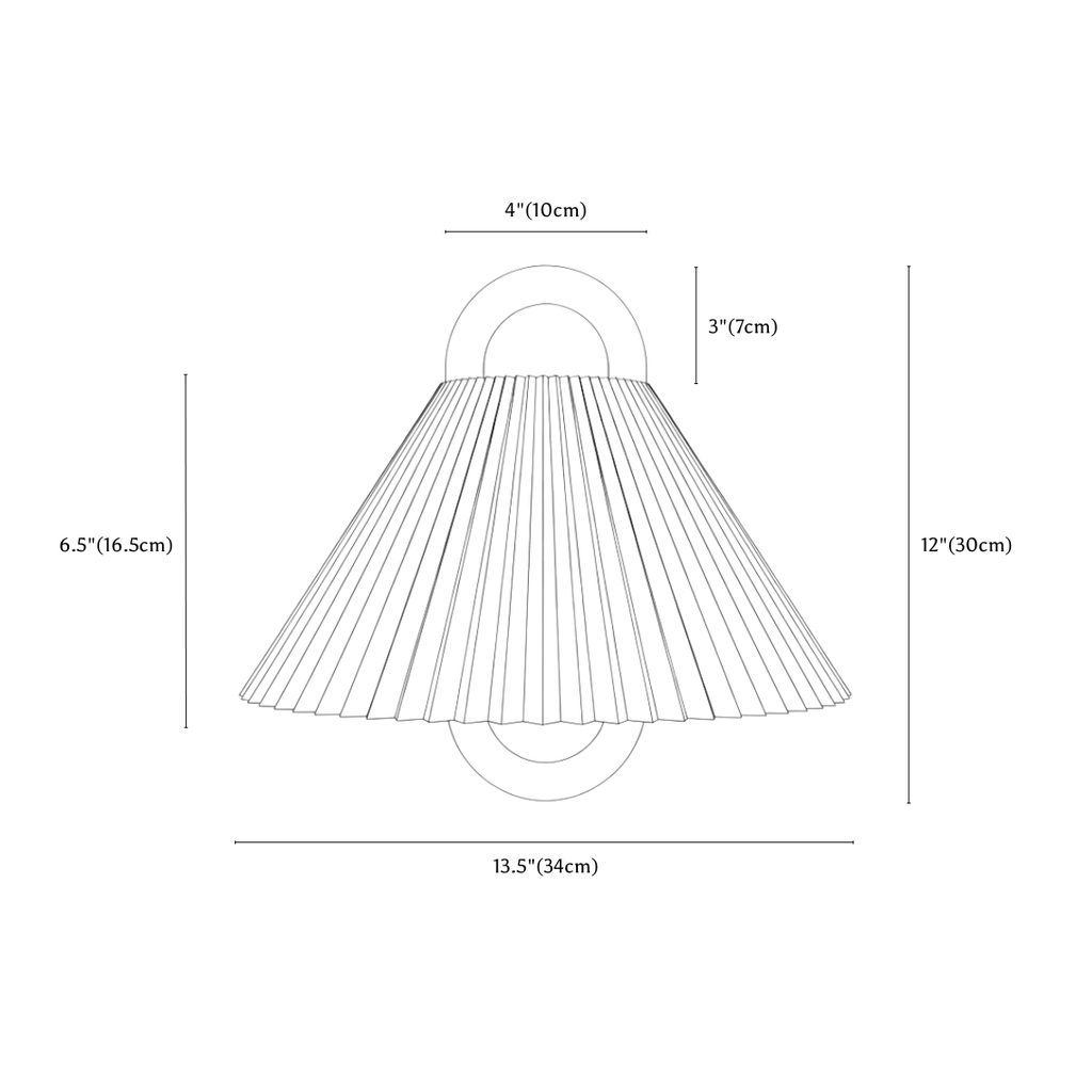 Clérachic wall light dimension drawing, Pleated, every measurement marked in centimetres and inches.