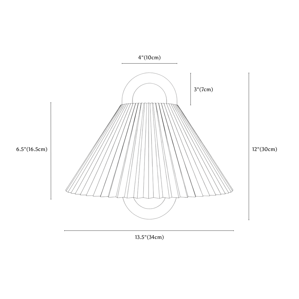 Clérachic wall light dimension drawing, Pleated, every measurement marked in centimetres and inches.