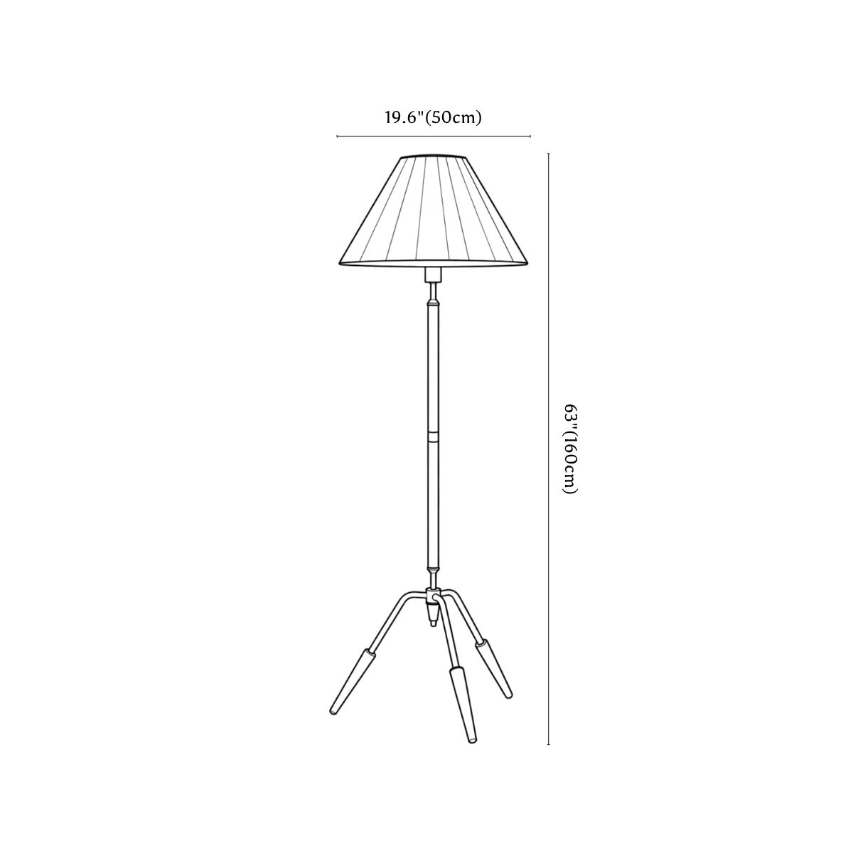 Clérachic floor lamp dimension drawing, every measurement marked in centimetres and inches.
