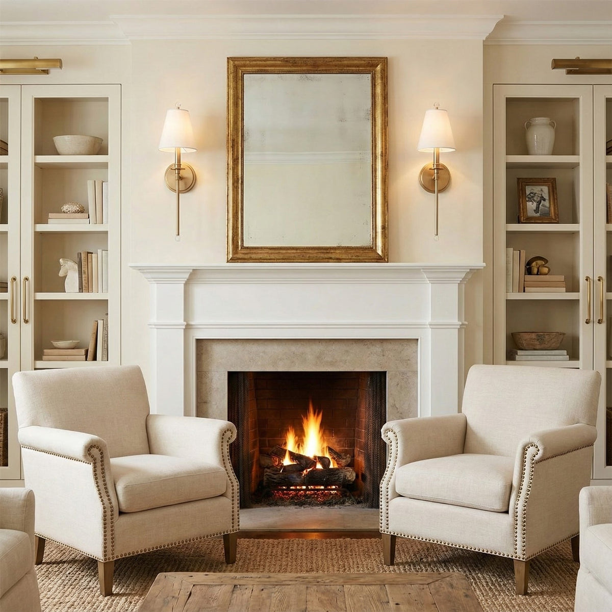 Two gold-toned Clérachic wall lights with white shades either side of a mirror above a fireplace, with cream armchairs below.