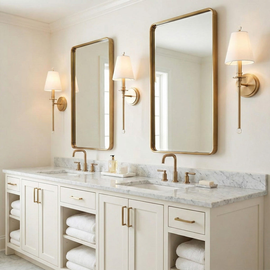 Gold-toned Clérachic sconces beside two brass-framed mirrors above a marble double vanity, with white fabric shades glowing softly.