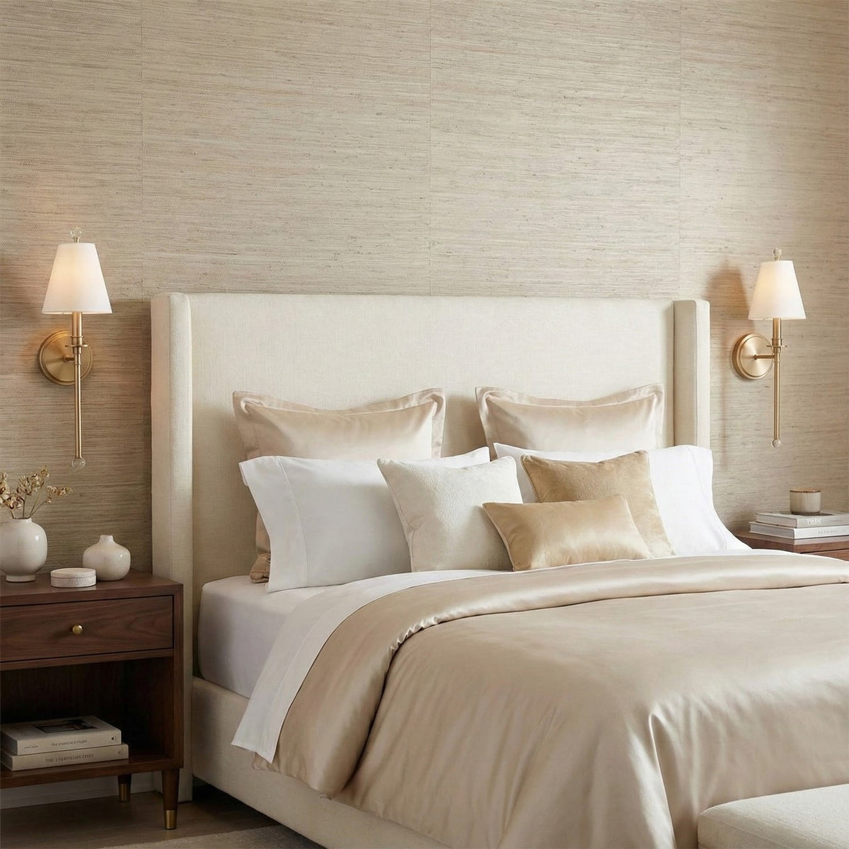 Lit Clérachic wall lights with white shades on both sides of an upholstered cream headboard, over a bed dressed in champagne linen.