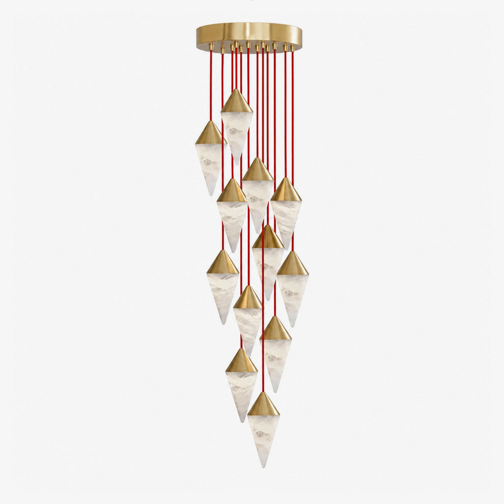 Alabaster cone drops cascade down red cords on this Clérachic chandelier, shown on a plain background.