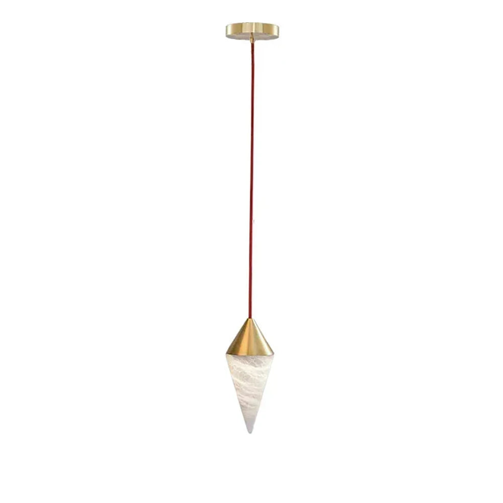 A single faceted alabaster drop on this Clérachic chandelier hangs from a brass cone cap on a red cord.