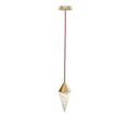 A single faceted alabaster drop on this Clérachic chandelier hangs from a brass cone cap on a red cord.