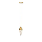 A single faceted alabaster drop on this Clérachic chandelier hangs from a brass cone cap on a red cord.