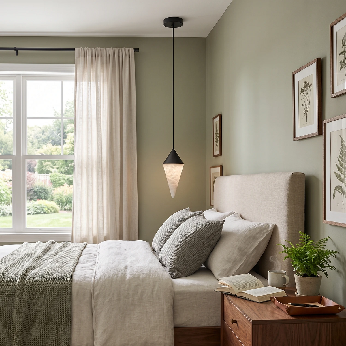 Beside a curtained garden window, this Clérachic chandelier's single black-capped drop hangs above a bedroom nightstand.