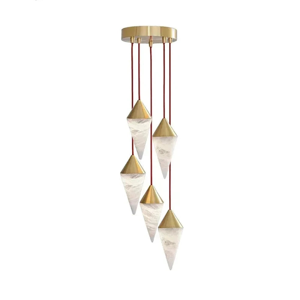 Four brass-capped alabaster drops on this Clérachic chandelier stagger down red cords, shown on a plain background.