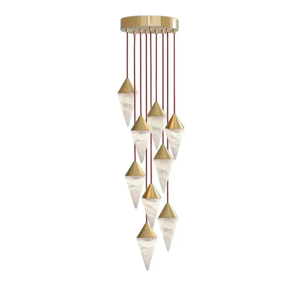 A dense spiral of brass-capped drops on this Clérachic chandelier cascades down red cords, on a plain background.