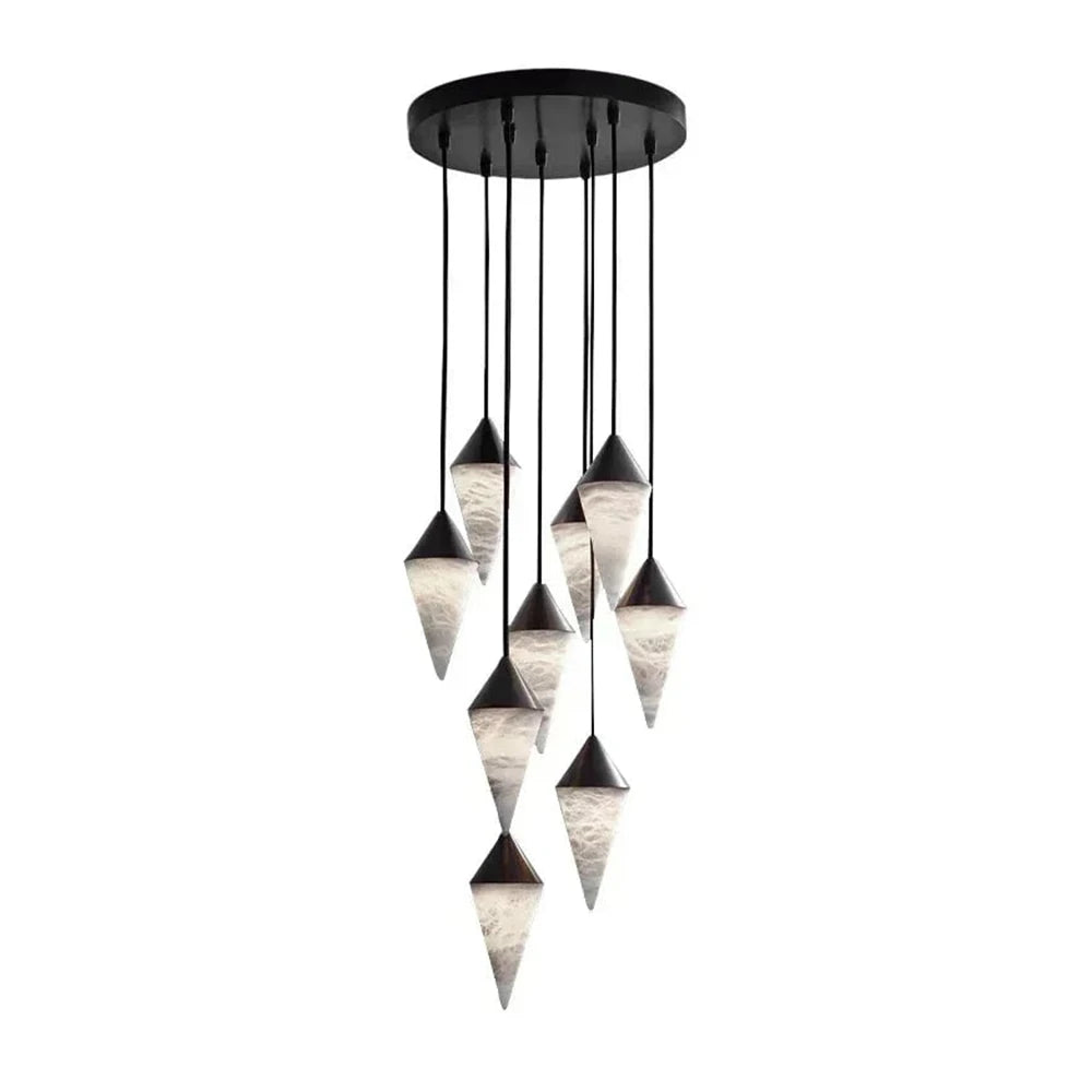 A wide spiral of black-capped drops on this Clérachic chandelier fills the frame on a plain background.