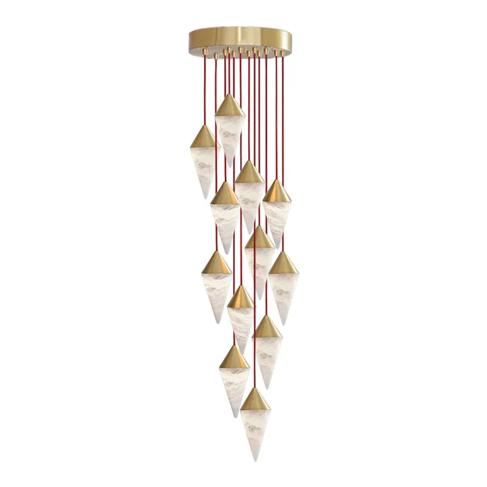 Red cords carry a tall spiral of brass-capped drops on this Clérachic chandelier, on a plain background.