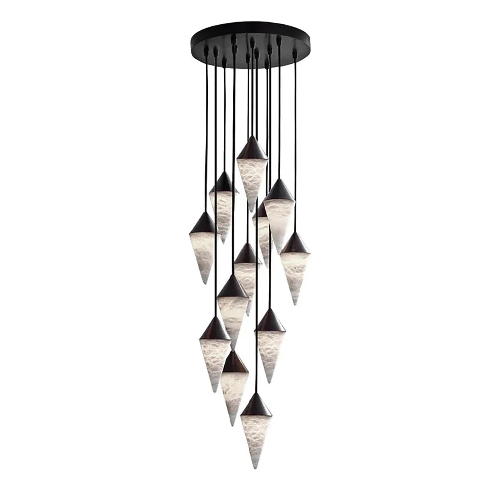The largest spiral yet of black-capped drops on this Clérachic chandelier cascades down black cords.