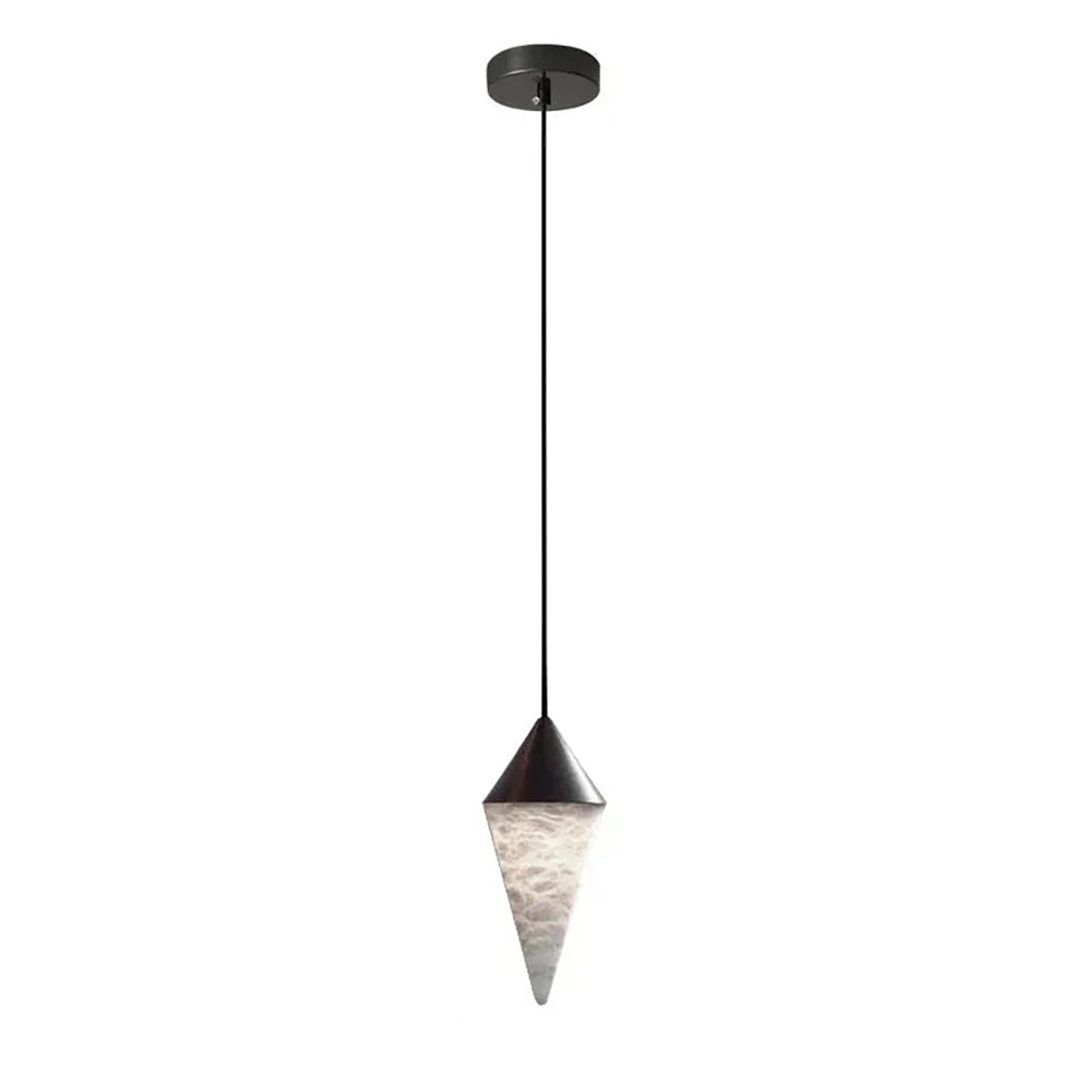 A single alabaster drop on this Clérachic chandelier hangs from a black cone cap on a black cord.