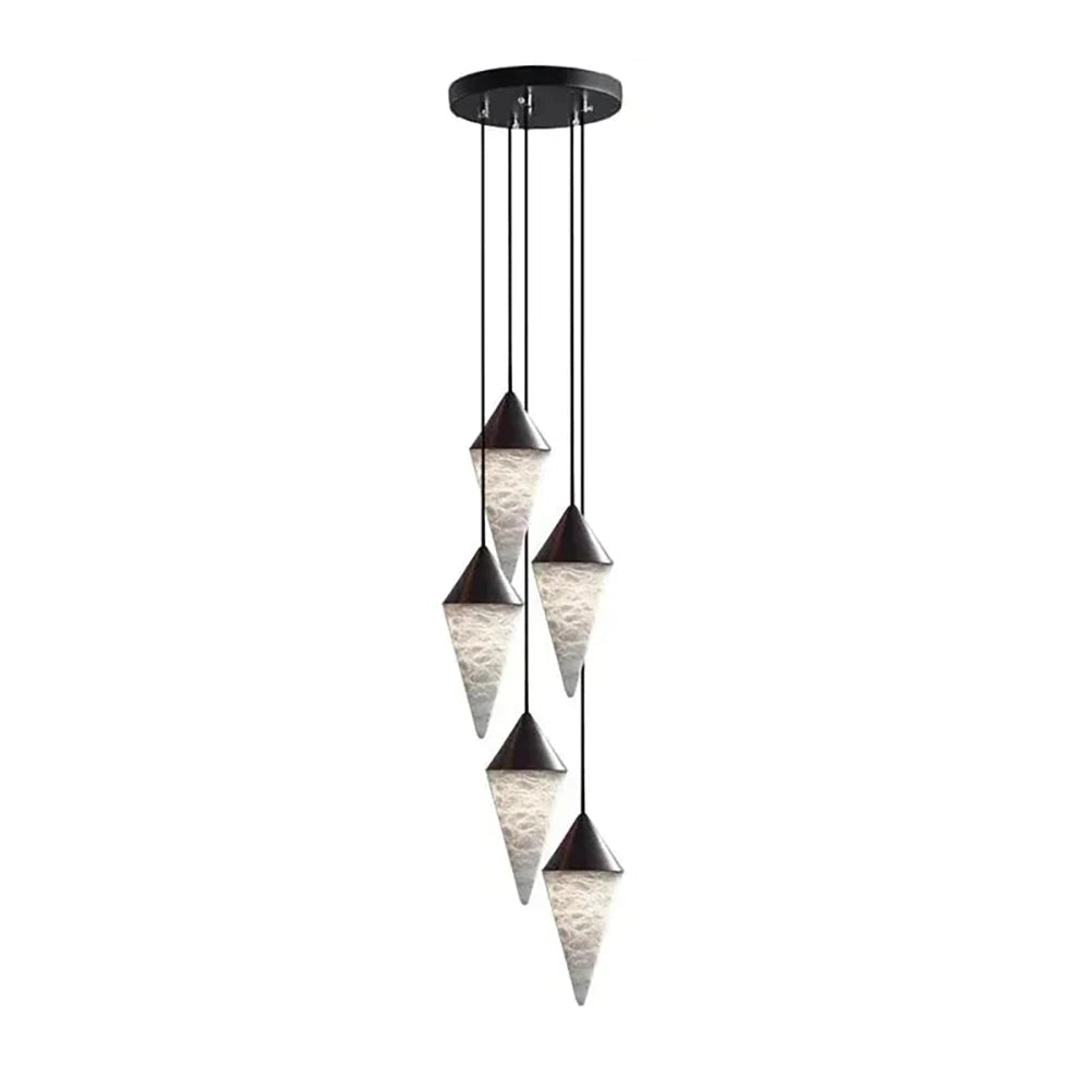 Five black-capped drops on this Clérachic chandelier cascade down black cords in a loose spiral.