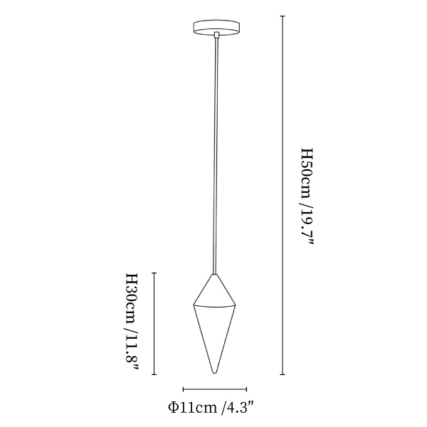 Clérachic chandelier dimension drawing, 1 head, every measurement marked in centimetres and inches.