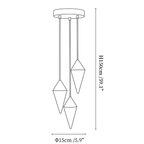 Clérachic chandelier dimension drawing, 3 heads, every measurement marked in centimetres and inches.