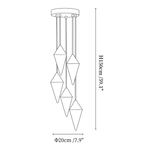Clérachic chandelier dimension drawing, 5 heads, every measurement marked in centimetres and inches.