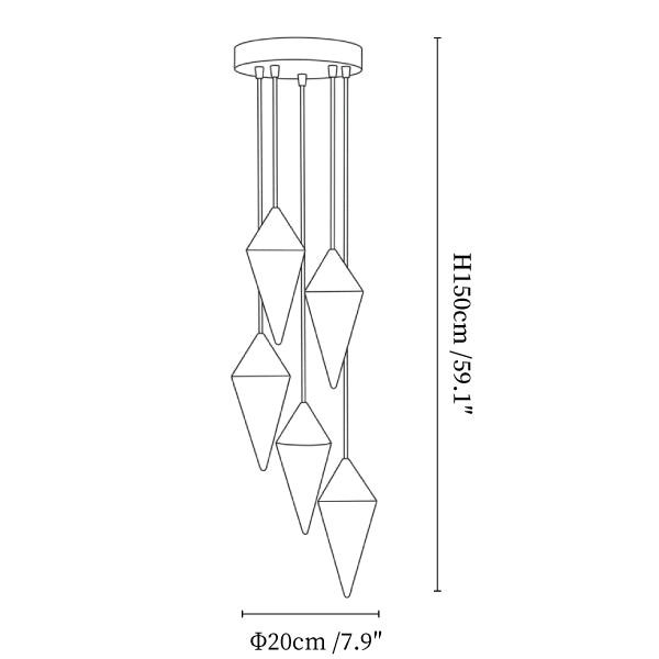 Clérachic chandelier dimension drawing, 5 heads, every measurement marked in centimetres and inches.