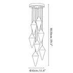 Clérachic chandelier dimension drawing, 7 heads, every measurement marked in centimetres and inches.