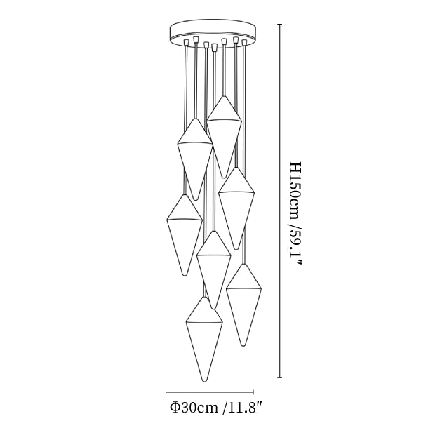 Clérachic chandelier dimension drawing, 7 heads, every measurement marked in centimetres and inches.