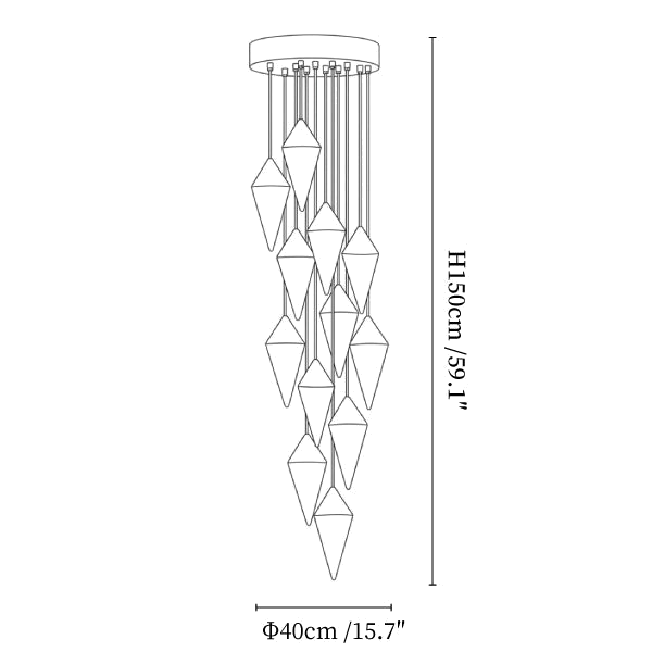 Clérachic chandelier dimension drawing, 12 heads, every measurement marked in centimetres and inches.