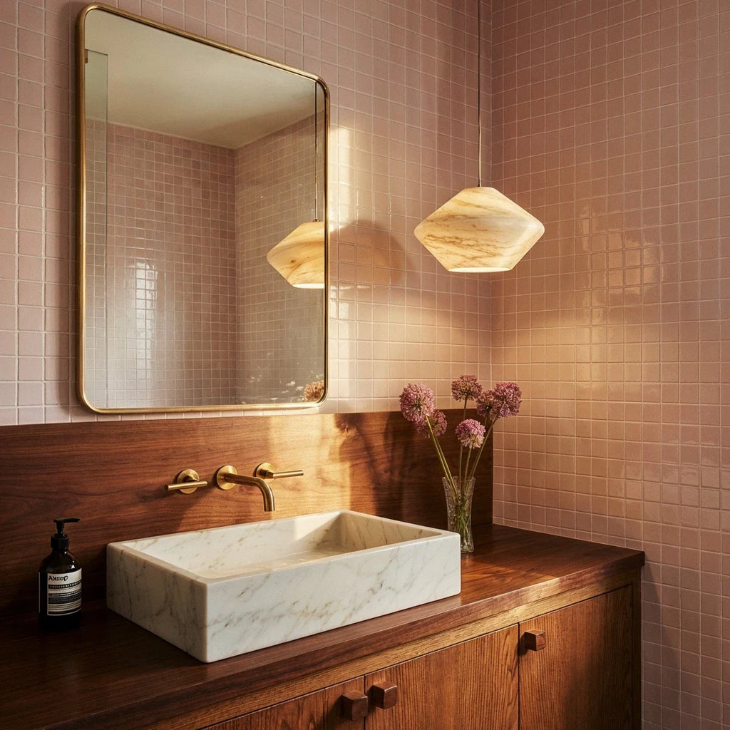 Clérachic alabaster pendant hanging beside a gold-framed mirror, above a marble basin and walnut vanity with pink tiles.