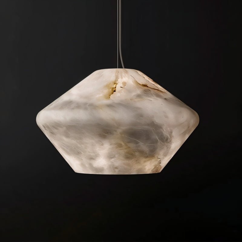 Clérachic alabaster pendant on a thin cable against a black backdrop, its cloudy white and amber veining lit from within.