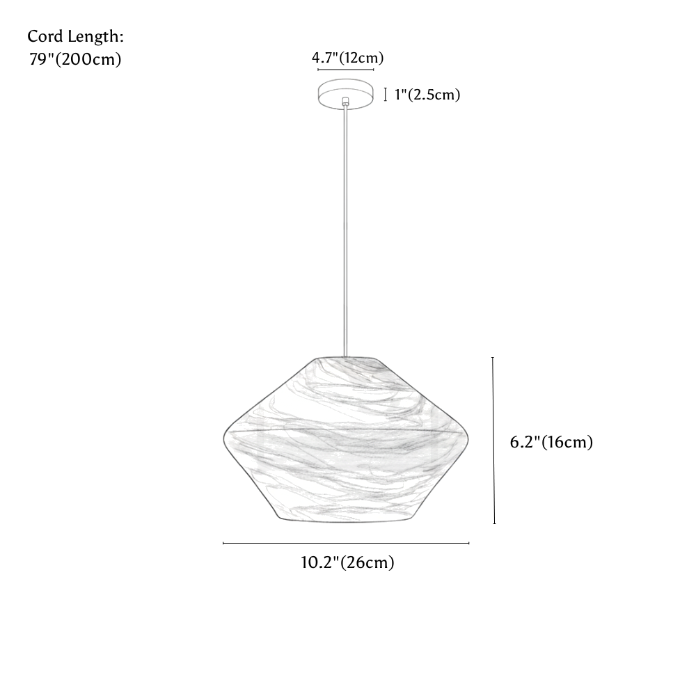 Clérachic pendant light dimension drawing, every measurement marked in centimetres and inches.
