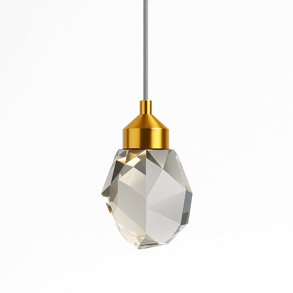 Clérachic single faceted crystal pendant light with a brushed gold cap and grey cord, unlit on a clean white ground.