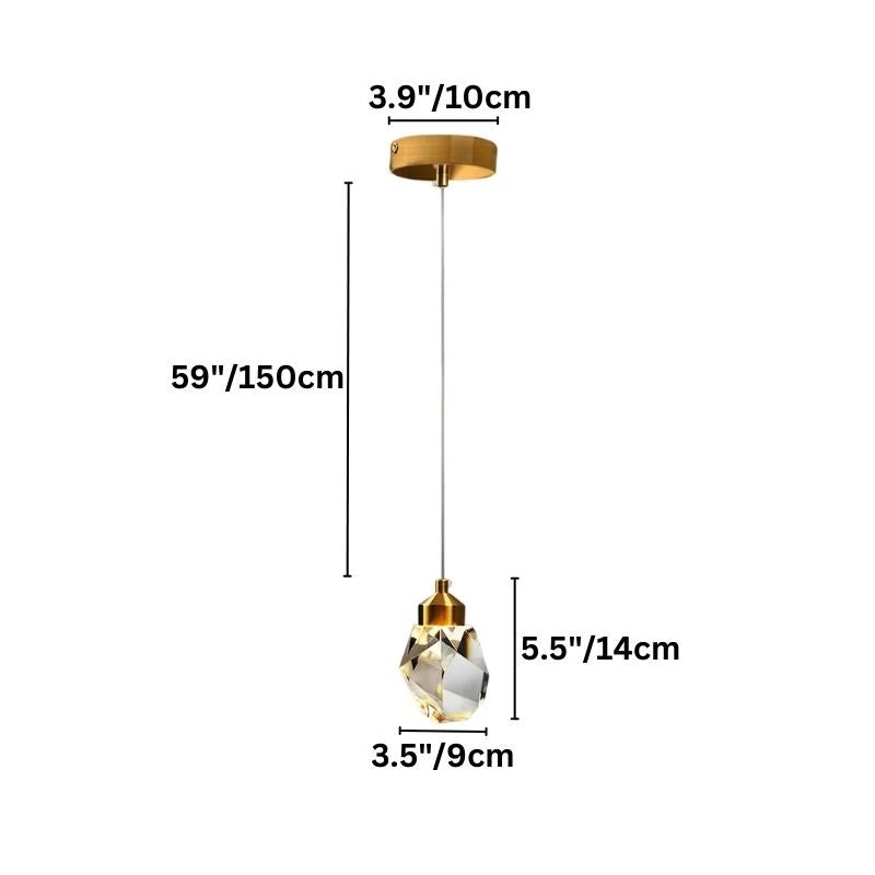 Clérachic single crystal pendant light dimension diagram with its round gold canopy, long fine cord and faceted crystal drop.